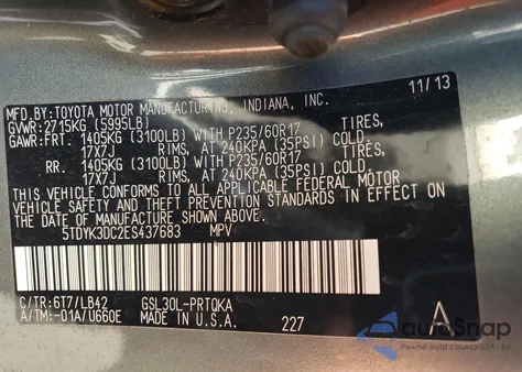 2014 Toyota Sienna Xle из США, поврежденный, VIN 5TDYK3DC2ES437683